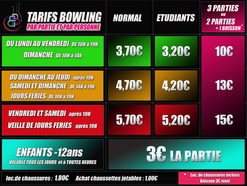 Tarifs du Bowling et activités et horaires d